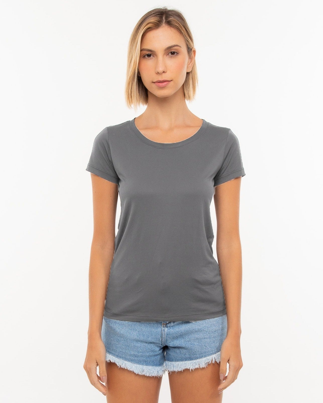 Camiseta Feminina Algodão PENTEADO Cinza Chumbo